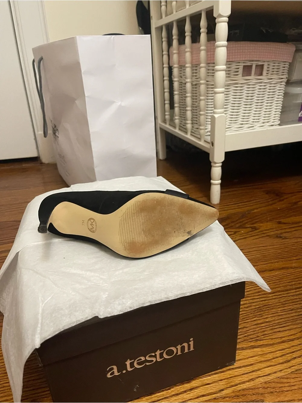 Michael Kors Black Suede Pointed-Toe Pumps with Crystal Rosette